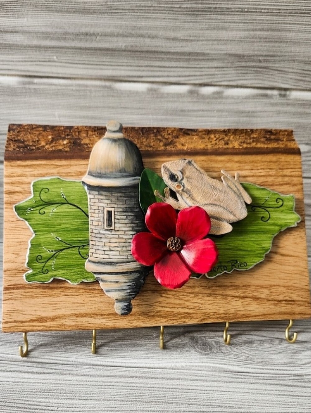 Rustic Wooden Key Holder with Red Flower and Coqui Design